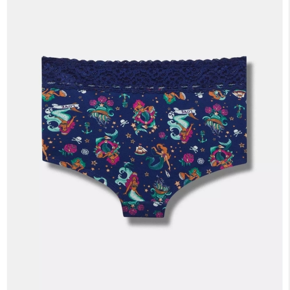 Navy Blue Lace Mermaid Print Cotton Mid-Rise Boyshort Panty - Picture 3 of 4
